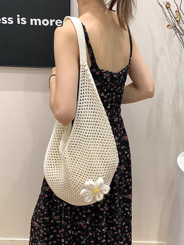 Knitted Flower Tote Bag | Boho Crochet Shoulder Bag with Detachable Daisy