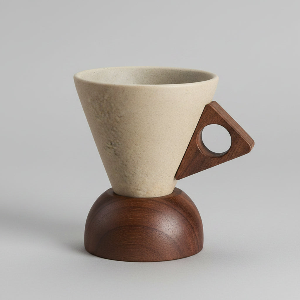 ceramic coffee filters with wooden handles on a wooden surface.