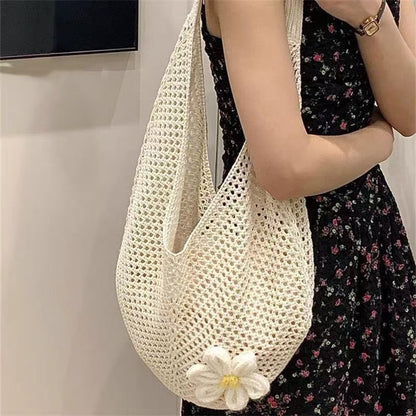 Knitted Flower Tote Bag | Boho Crochet Shoulder Bag with Detachable Daisy