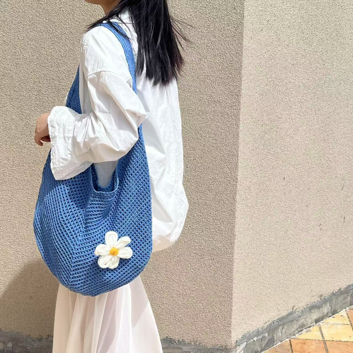 Knitted Flower Tote Bag | Boho Crochet Shoulder Bag with Detachable Daisy