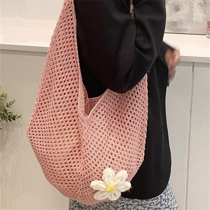 Knitted Flower Tote Bag | Boho Crochet Shoulder Bag with Detachable Daisy