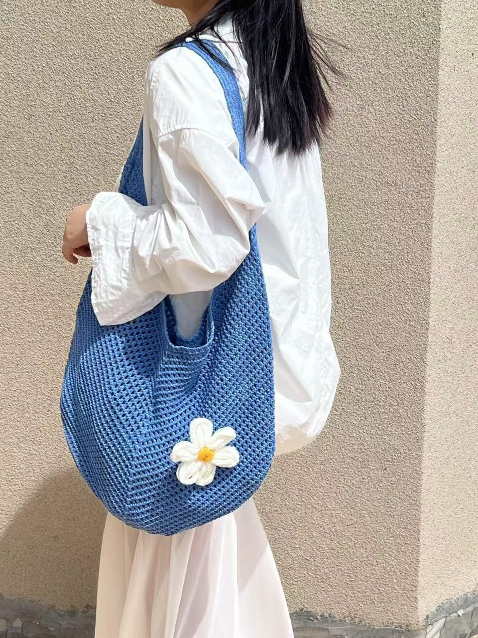 Knitted Flower Tote Bag | Boho Crochet Shoulder Bag with Detachable Daisy