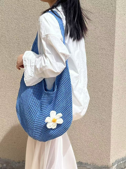 Knitted Flower Tote Bag | Boho Crochet Shoulder Bag with Detachable Daisy