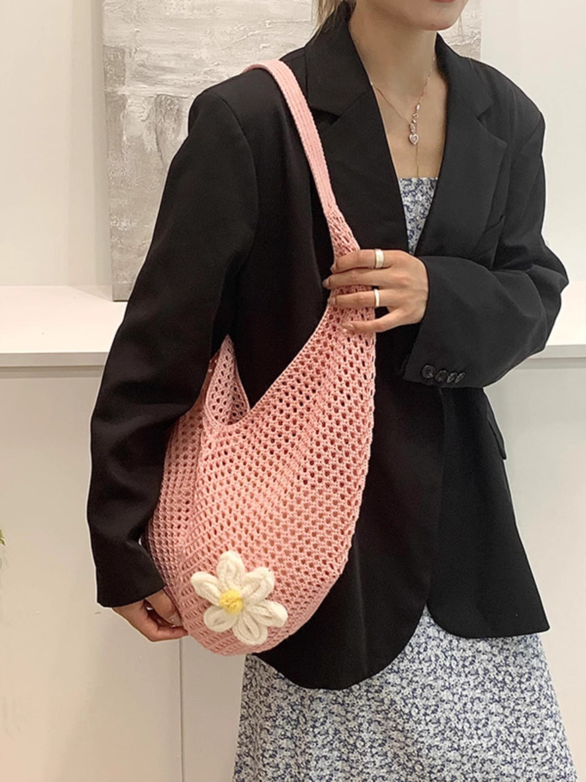 Knitted Flower Tote Bag | Boho Crochet Shoulder Bag with Detachable Daisy
