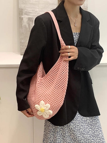 Knitted Flower Tote Bag | Boho Crochet Shoulder Bag with Detachable Daisy