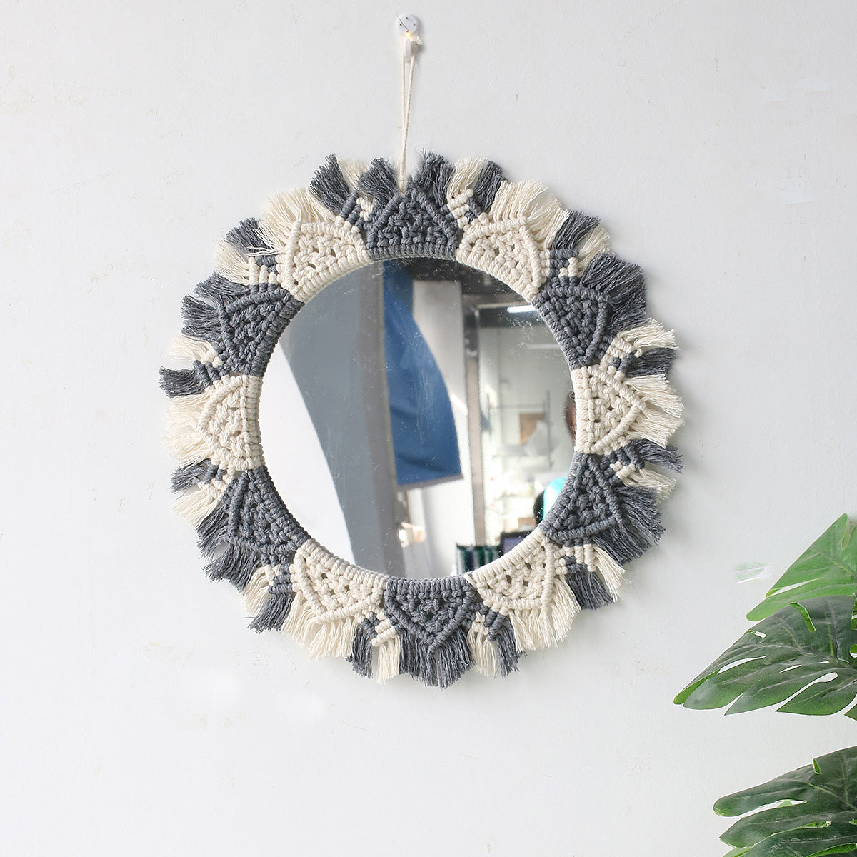 Miroir décoratif mural à pompons tissés à la main