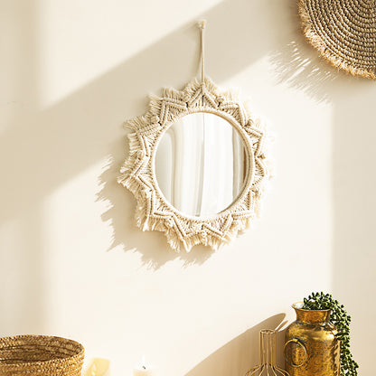 Miroir décoratif mural à pompons tissés à la main