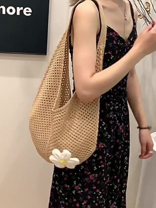 Knitted Flower Tote Bag | Boho Crochet Shoulder Bag with Detachable Daisy