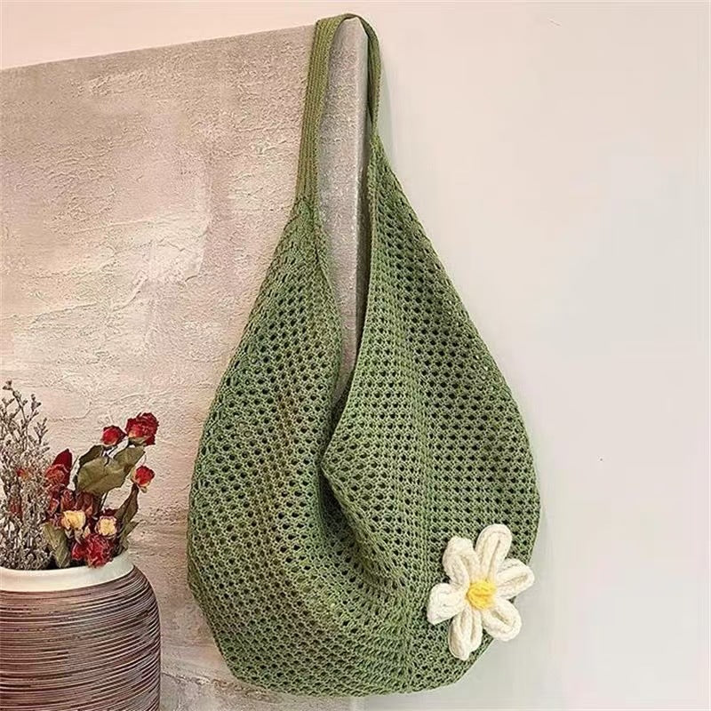Knitted Flower Tote Bag | Boho Crochet Shoulder Bag with Detachable Daisy