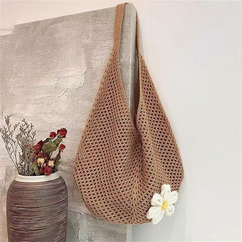 Knitted Flower Tote Bag | Boho Crochet Shoulder Bag with Detachable Daisy
