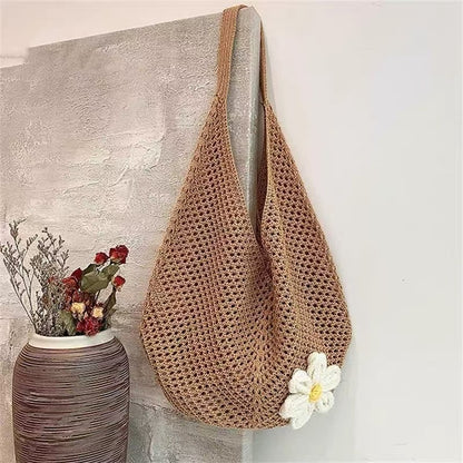 Knitted Flower Tote Bag | Boho Crochet Shoulder Bag with Detachable Daisy