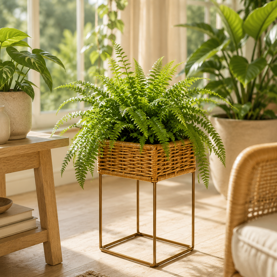 A green fern in a woven wicker planter on a gold metal stand, placed in a bright, sunlit room with potted plants and a wooden chair.