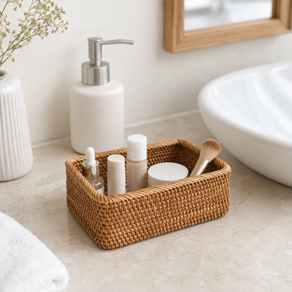 A rectangular woven rattan bathroom organizer tray holding several small toiletry bottles and a makeup brush, placed on a beige bathroom counter beside a white sink, soap dispenser, and vase with dried flowers.