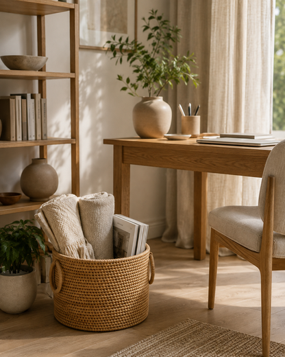 Seau pot de fleurs et organiseur rond en osier