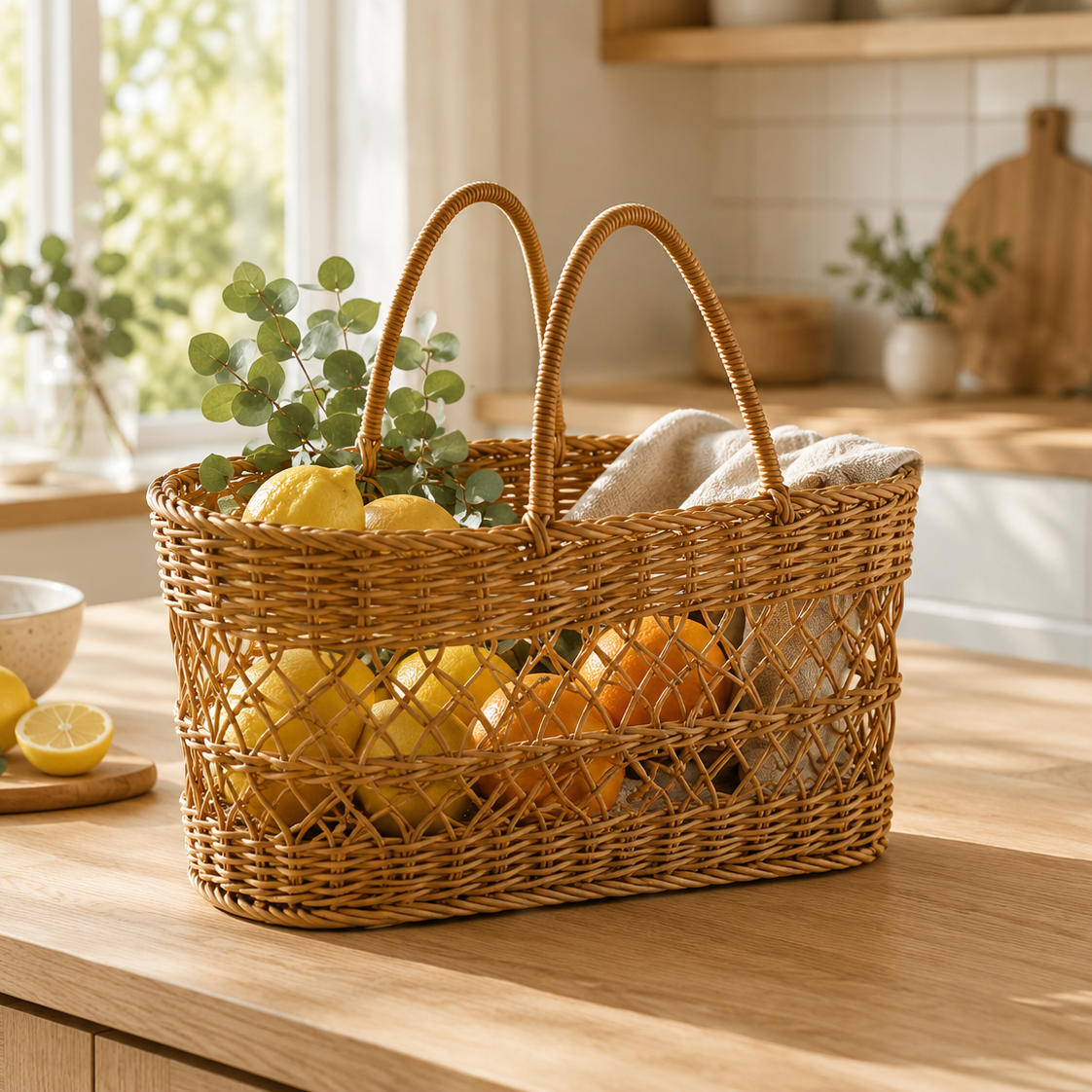 A natural woven wicker basket with two handles sits on a light wood kitchen counter, filled with lemons, oranges, and greenery, in a bright, sunlit kitchen setting.