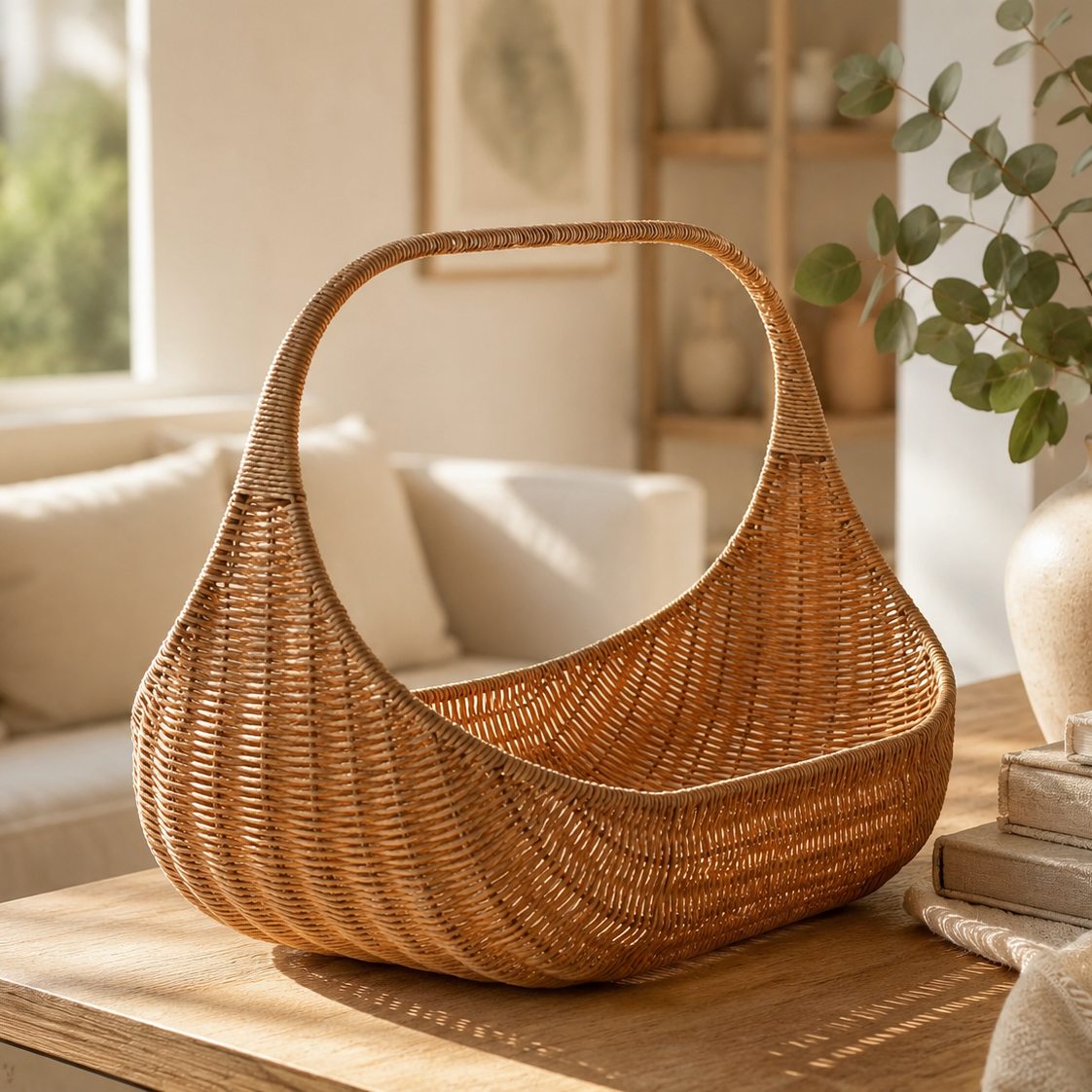 A natural woven rattan basket with a single integrated handle, styled on a wooden table in a bright, modern living room.