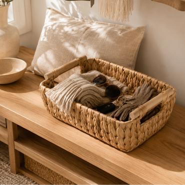 Handwoven Water Hyacinth Storage Basket with Wooden Handles