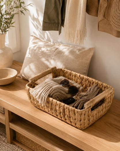 Handwoven Water Hyacinth Storage Basket with Wooden Handles