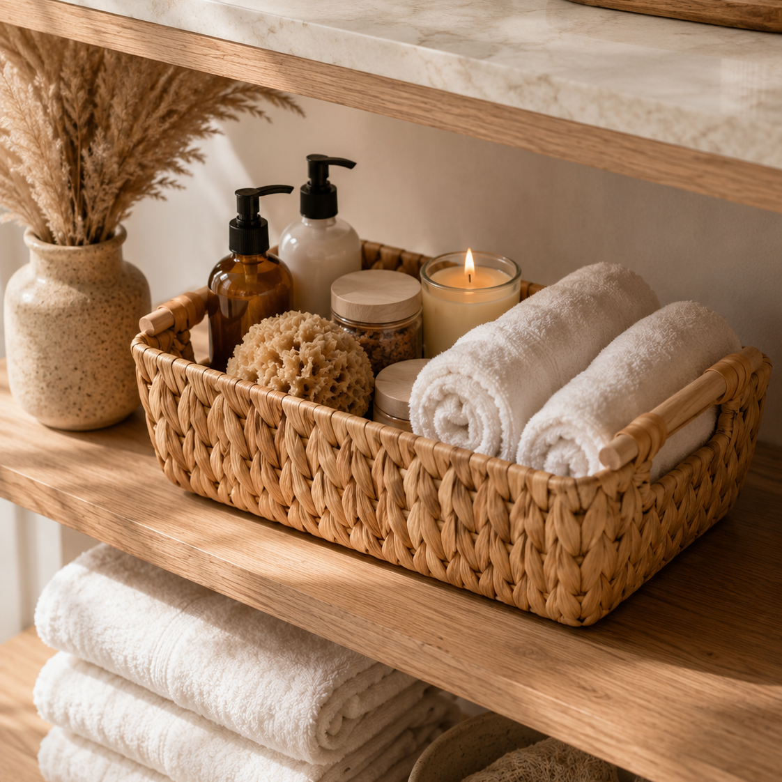 A natural woven wicker basket organizer filled with rolled white towels, bath bottles, a sponge, and a lit candle, styled on a wooden shelf next to a vase of dried grasses.
