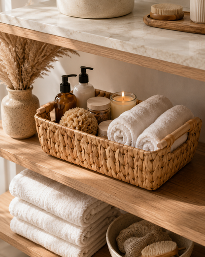 Handwoven Water Hyacinth Storage Basket with Wooden Handles
