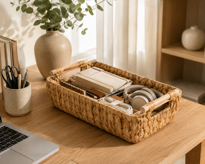 Handwoven Water Hyacinth Storage Basket with Wooden Handles