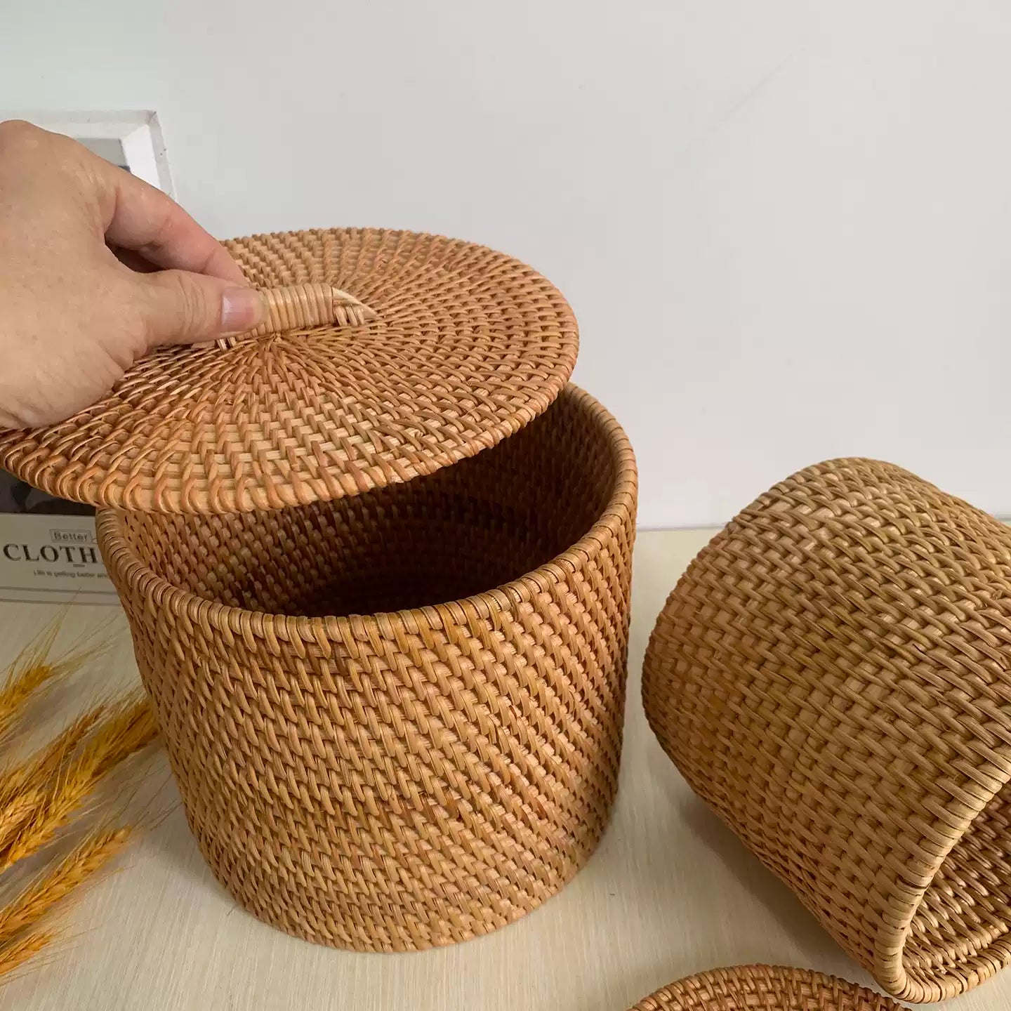 Handwoven Rattan Round Storage Basket with Lid
