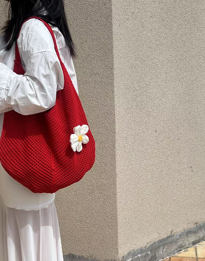 Knitted Flower Tote Bag | Boho Crochet Shoulder Bag with Detachable Daisy