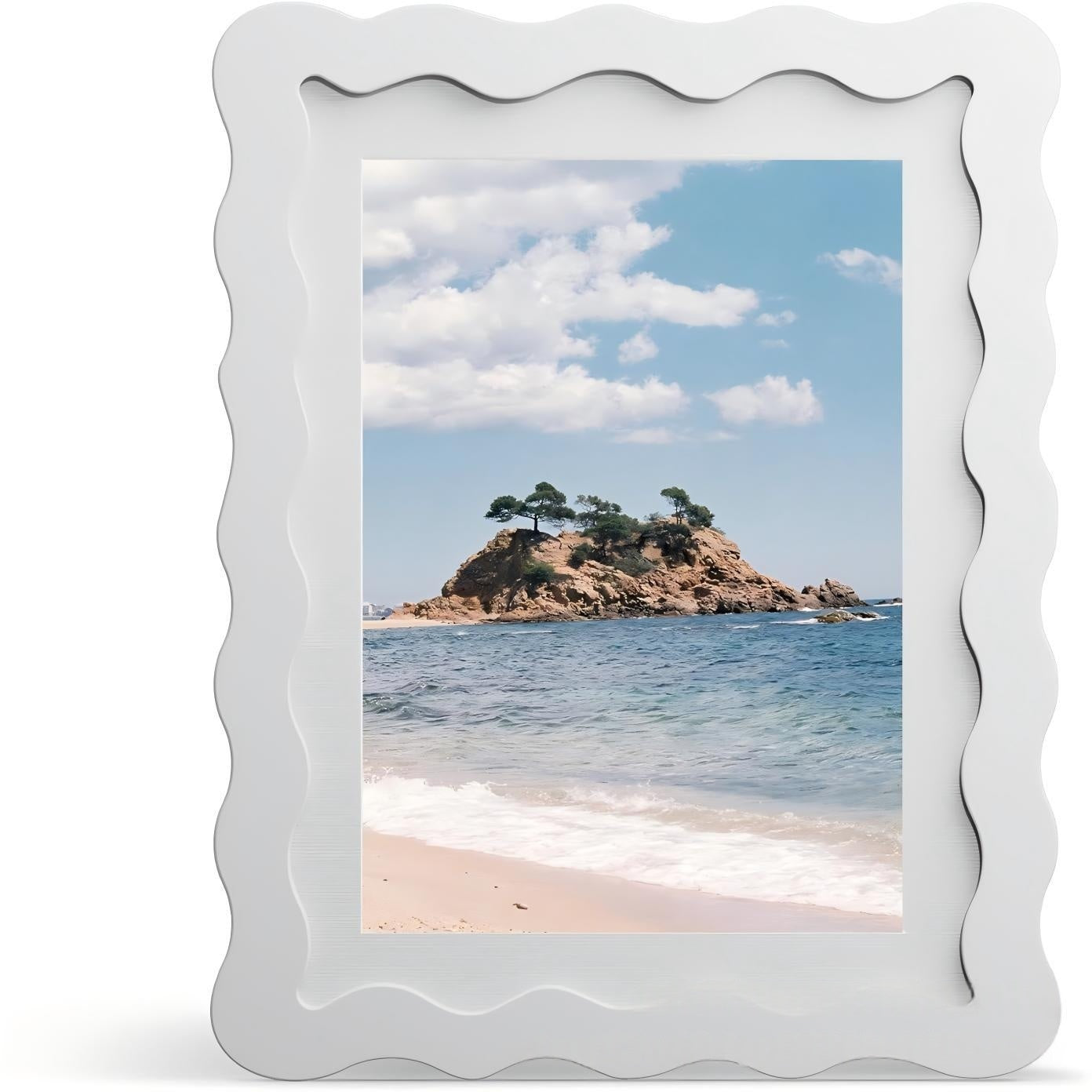 White decorative picture frame with a scenic view of a beach and island.