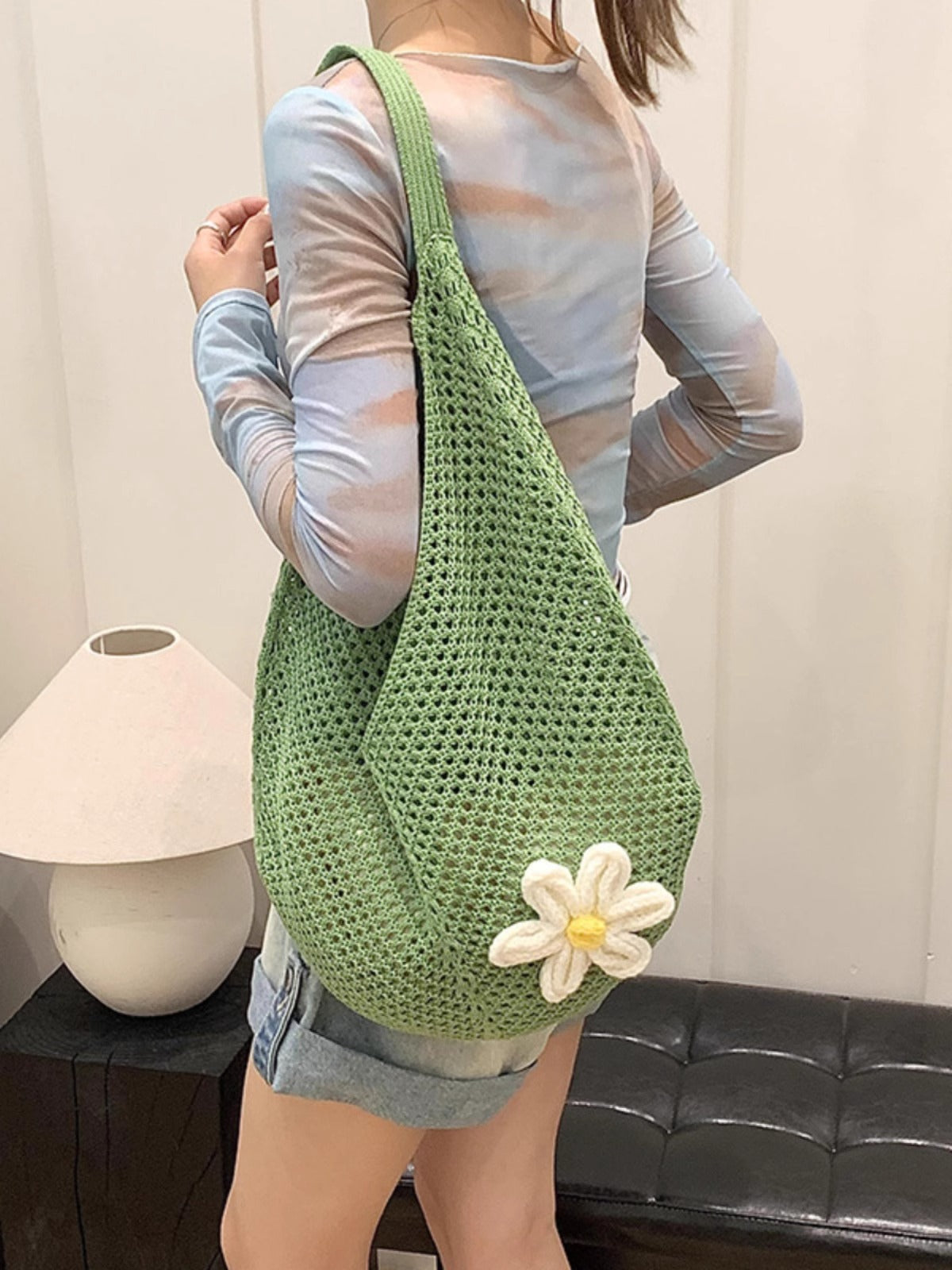 Knitted Flower Tote Bag | Boho Crochet Shoulder Bag with Detachable Daisy