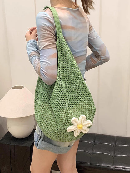 Knitted Flower Tote Bag | Boho Crochet Shoulder Bag with Detachable Daisy