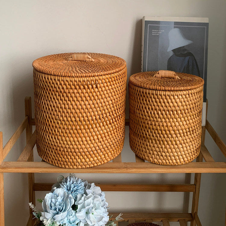Handwoven Rattan Round Storage Basket with Lid